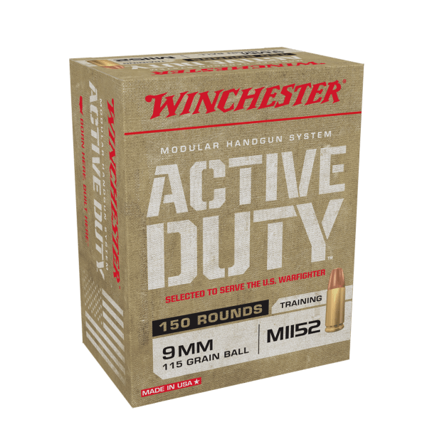Winchester Active Duty MHS Ammunition 9mm M1152 115 Grain Full Metal Jacket Flat Nose